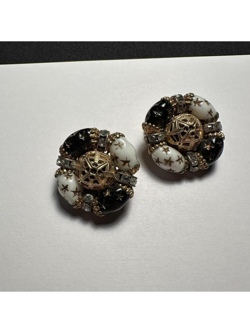 Vintage Laguna Black White Glass & Rhinestone Beaded Gold Tone Clip On Earrings